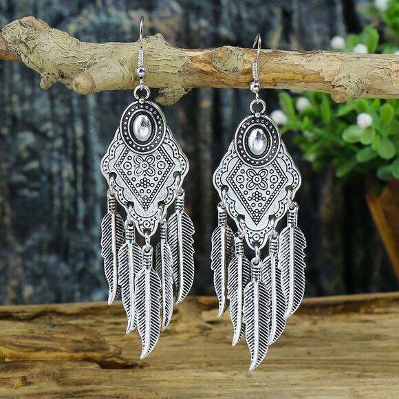 Silver Ethnic Feather Aztec Style Geometric Tassel Alloy Drop Earrings Flower - Picture 2 of 6